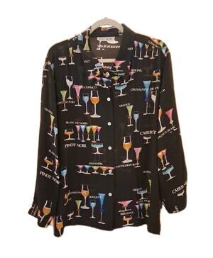 Vintage Nicole Taylor Women XXL Silk Black Beaded Wine Themed Button Blouse